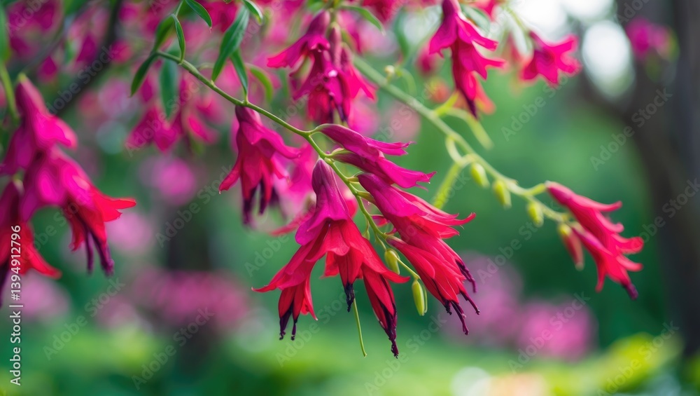 Fototapeta premium Elegant pink petals with a green tree backdrop, Hummingbird Fuchsia
