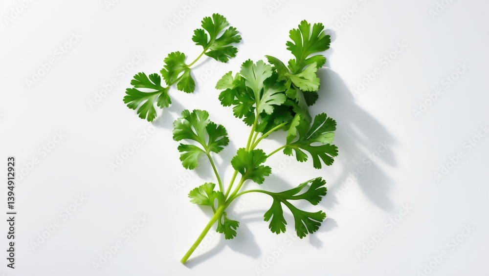 Coriander leaf on white background, viewed from above, flat lay. Coriander leaf on white background, viewed from above, flat lay.