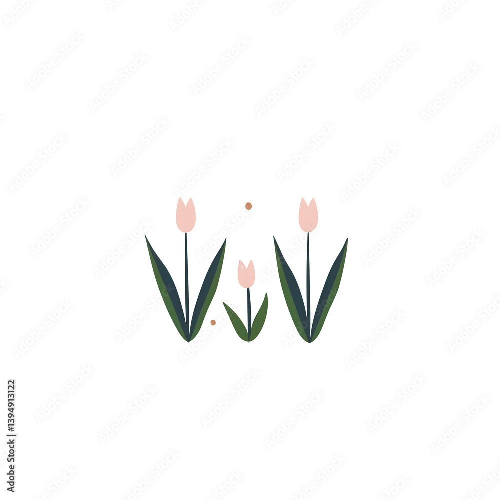 A minimalistic arrangement of pink tulips with green leaves, set against a clean, white background, perfect for floral decorations and spring-themed projects.