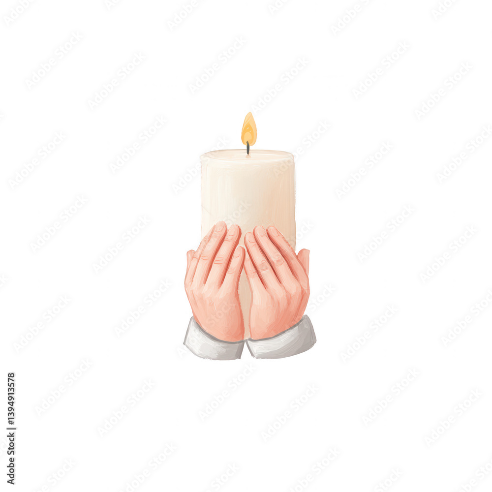 A pair of hands gently holding a lit candle, symbolizing warmth and tranquility. The candle's glow adds a serene ambiance, perfect for relaxation or meditation.