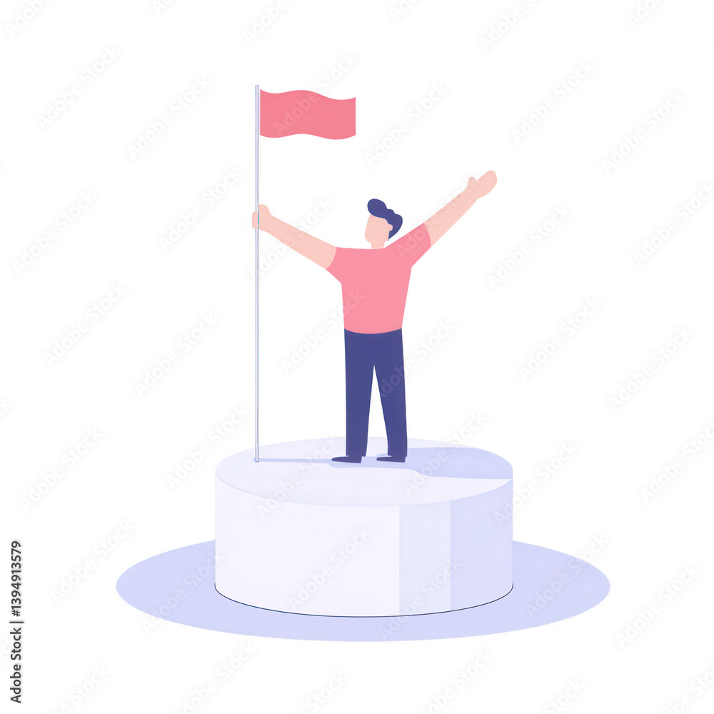 A motivational illustration of a person standing triumphantly on a podium, waving a flag. This image symbolizes success, achievement, and reaching goals.