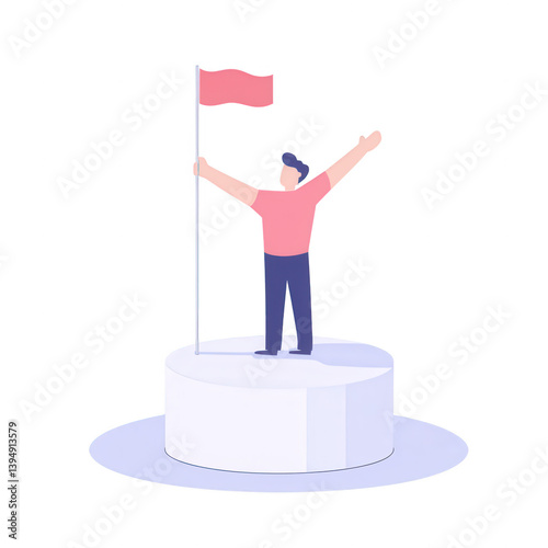 Obraz na płótnie A motivational illustration of a person standing triumphantly on a podium, waving a flag. This image symbolizes success, achievement, and reaching goals. w salonie