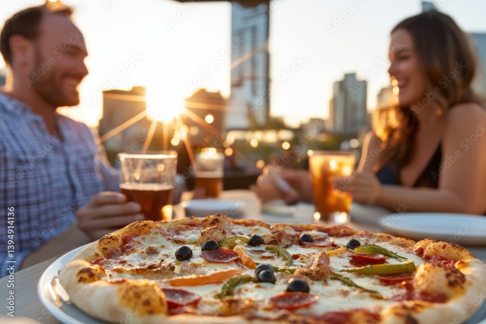 This image captures a delightful pizza dinner during sunset on a rooftop patio, featuring vibrant pizzas and two people enjoying the ambiance together.