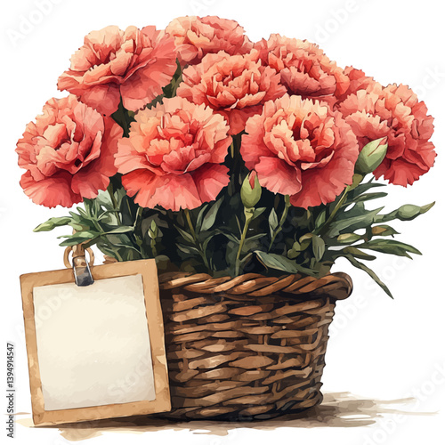 Carnation bouquet in a basket, watercolor illustration, isolated on a white background.

