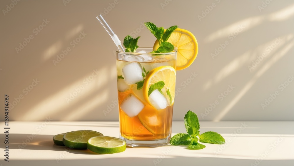 Fototapeta premium Tall glasses of iced tea garnished with lemon and fresh mint leaves.