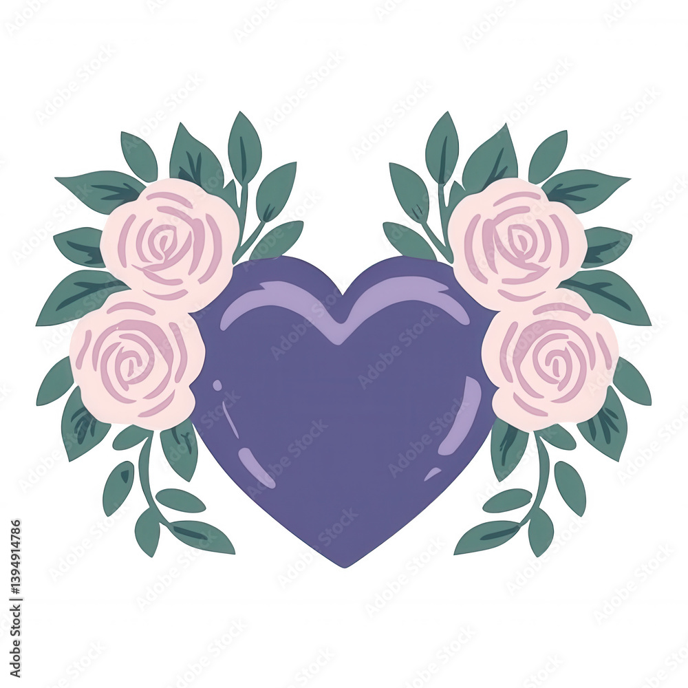 A purple heart surrounded by soft pink roses and green leaves, creating a beautiful and romantic floral arrangement. Perfect for expressing love and affection.
