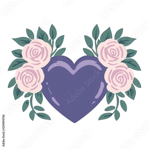 Obraz na płótnie A purple heart surrounded by soft pink roses and green leaves, creating a beautiful and romantic floral arrangement. Perfect for expressing love and affection. w salonie
