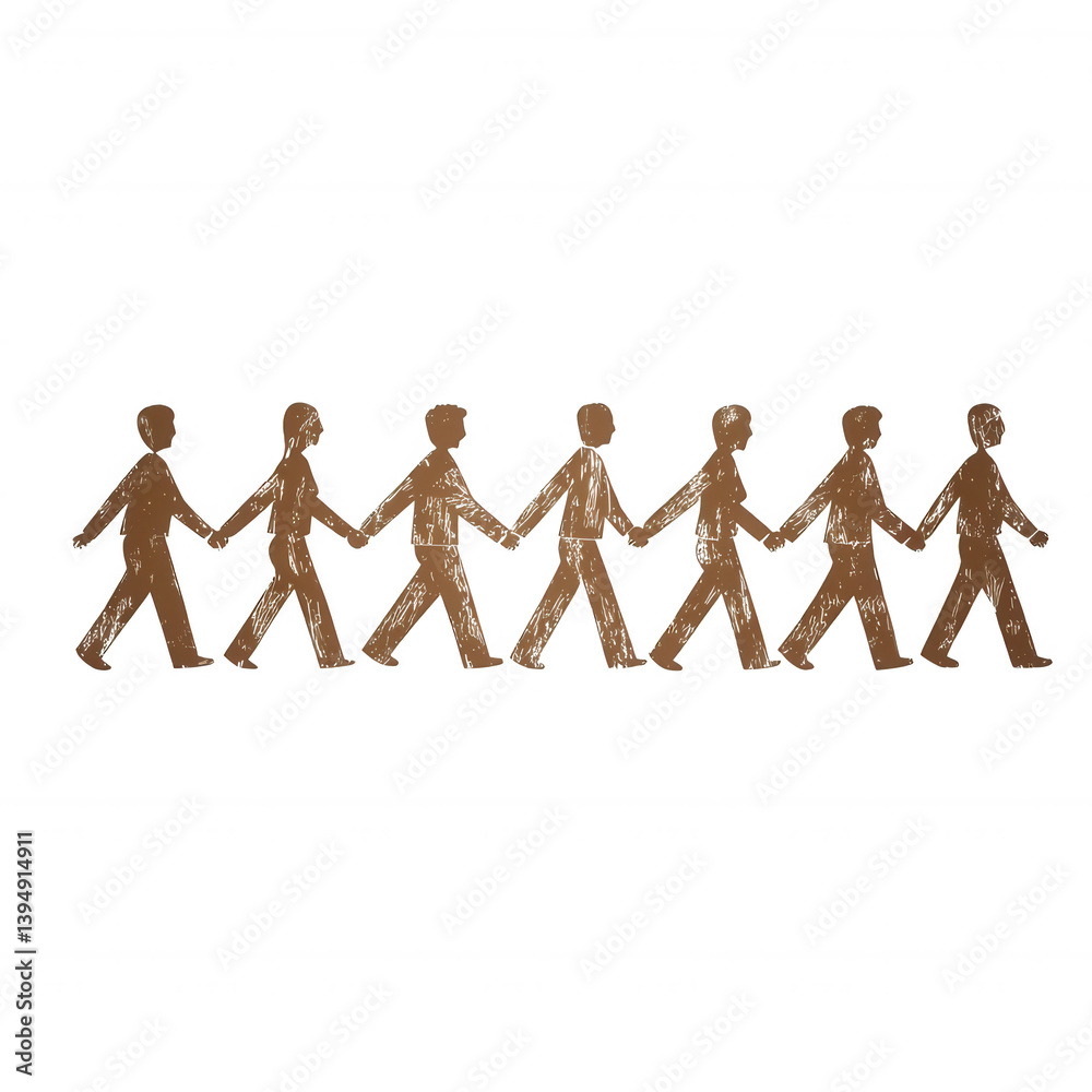 A row of linked paper cut-out figures representing unity and community, showcasing the importance of togetherness in diverse cultures, on a white isolated background.