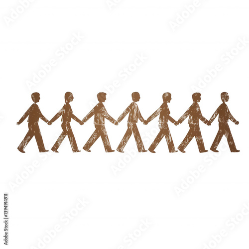 Obraz na płótnie A row of linked paper cut-out figures representing unity and community, showcasing the importance of togetherness in diverse cultures, on a white isolated background. w salonie