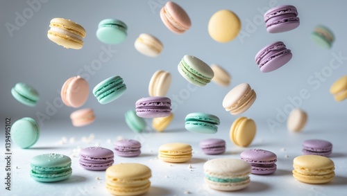 Wallpaper Mural Assorted macaroons in motion dropping onto a solitary surface. Many flavors and colors drifting against an abstract backdrop. Torontodigital.ca