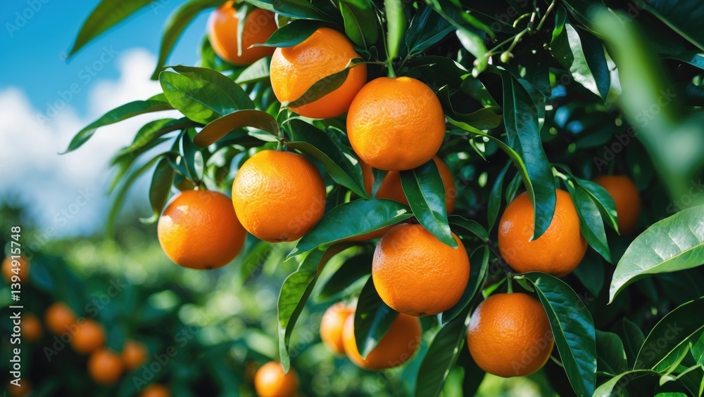 Vibrant oranges dangling from branches in the sunlight before collection. Vibrant oranges dangling from branches in the sunlight before collection.