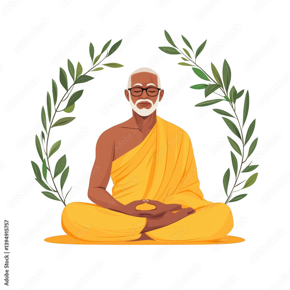 A serene figure of a wise man in a yellow robe sitting in a meditative pose surrounded by green leaves, symbolizing peace and enlightenment, on a white isolated background.