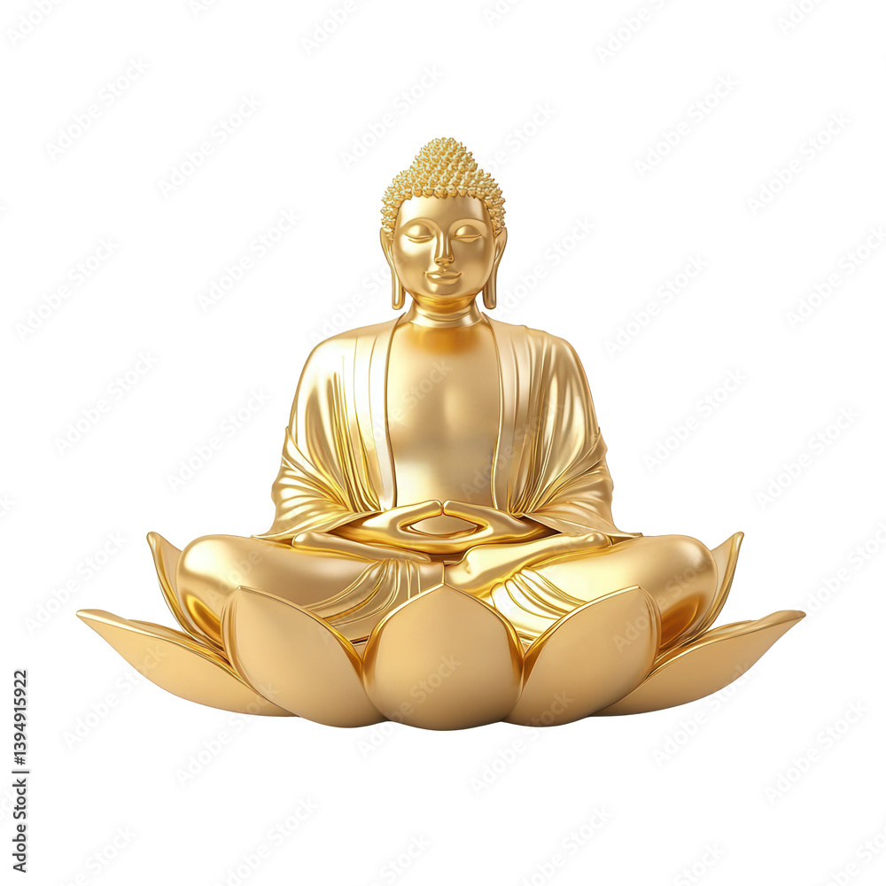 A serene golden Buddha statue sitting on a lotus flower. The statue represents peace, enlightenment, and spiritual growth, ideal for meditation and mindfulness themes.
