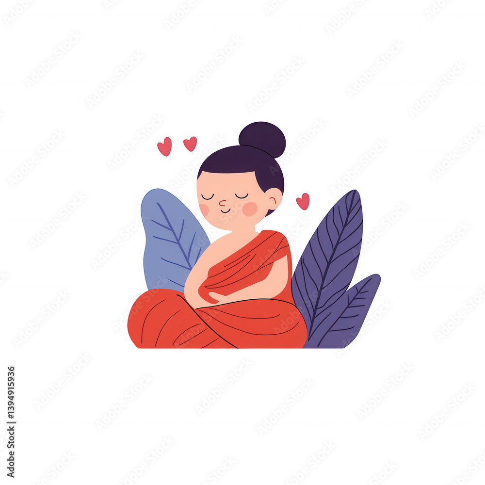 A serene illustration of a meditating figure dressed in orange robes, surrounded by decorative leaves and hearts, representing peace and mindfulness.