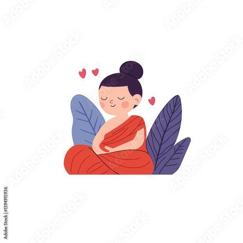 Obraz na płótnie A serene illustration of a meditating figure dressed in orange robes, surrounded by decorative leaves and hearts, representing peace and mindfulness. w salonie