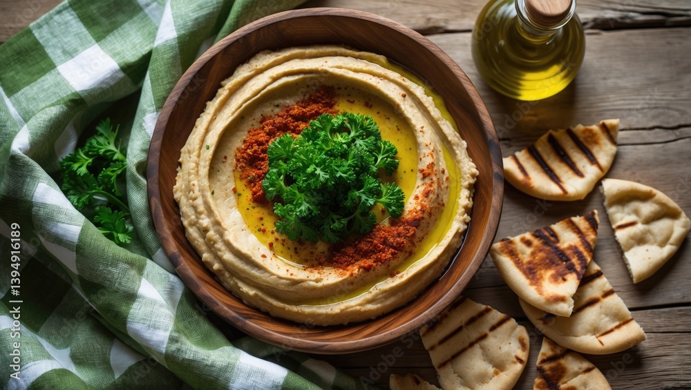Top-down view of chickpea hummus in a wooden bowl, finished with parsley, paprika, and olive oil on a wooden tabletop. Clear space. Top-down view of chickpea hummus in a wooden bowl, finished with parsley, paprika, and olive oil on a wooden tabletop. Clear space.