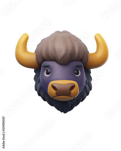 Unique 3D buffalo head icon made of clay with a smooth, vibrant design and transparent background