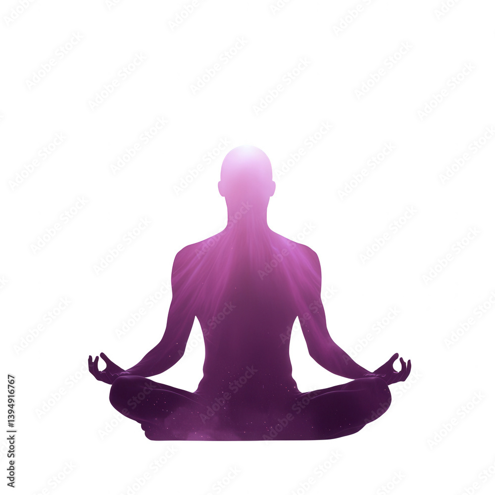 A serene silhouette of a meditating person, surrounded by vibrant purple hues, symbolizing peace and mindfulness, isolated on a white background.
