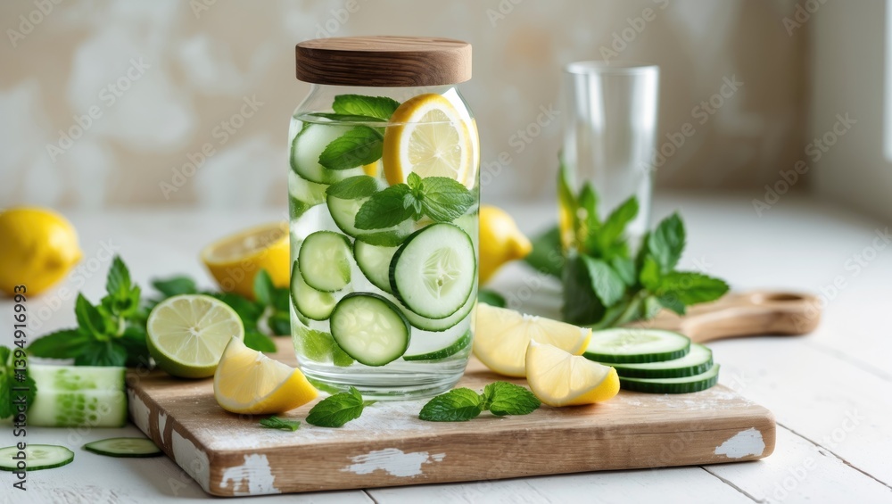 Cucumber and lemon water infusion, empty space Cucumber and lemon water infusion, empty space