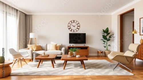 Wallpaper Mural Charming living room featuring a classic clock on the wall adding a touch of elegance to the cozy space perfect for relaxation and social gatherings with family and friends Torontodigital.ca