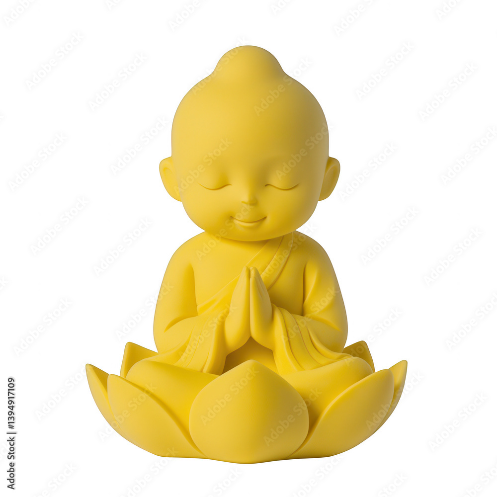 A serene yellow Buddha statue, symbolizing peace and tranquility, features a seated figure in a meditative pose with hands in prayer. Ideal for mindfulness and spiritual themes.