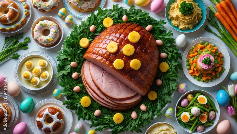 Easter ham dinner tradition. Top-down view of table display on a banner background. Ham, scalloped potatoes, eggs, hot cross buns, carrot cake, and vegetables. Easter ham dinner tradition. Top-down view of table display on a banner background. Ham, scalloped potatoes, eggs, hot cross buns, carrot cake, and vegetables.