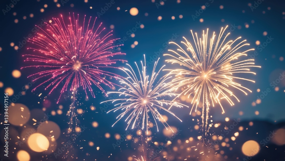 Fototapeta premium Bright fireworks against a bokeh background with room for messaging for celebrations, Abstract festive backdrop