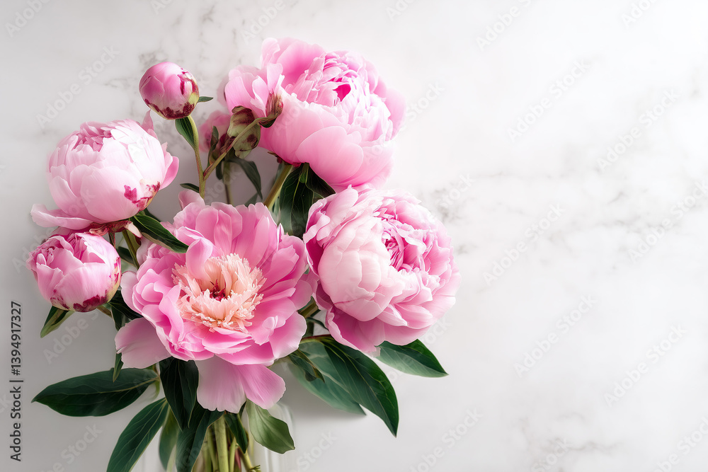 Fototapeta premium Pink peonies arranged beautifully against a light marble background