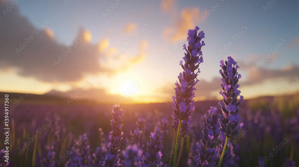 Obraz premium Sunset Over Lavender Field, Casting Shadows on Purple Flowers