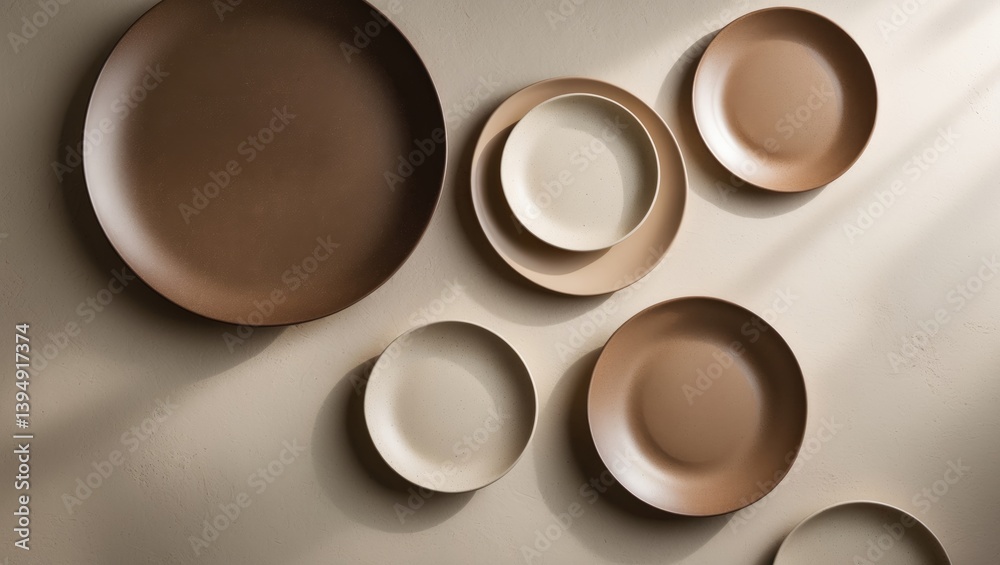 Five plates of varying sizes on a beige backdrop. Overhead shot, flat lay. Plates in brown and natural hues. Plates feature a textured, grainy design. Five plates of varying sizes on a beige backdrop. Overhead shot, flat lay. Plates in brown and natural hues. Plates feature a textured, grainy design.