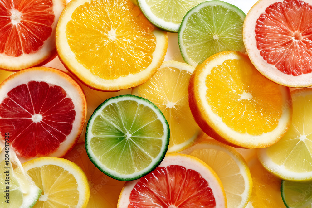 Fototapeta premium Colorful assortment of sliced citrus fruits displayed on a light background
