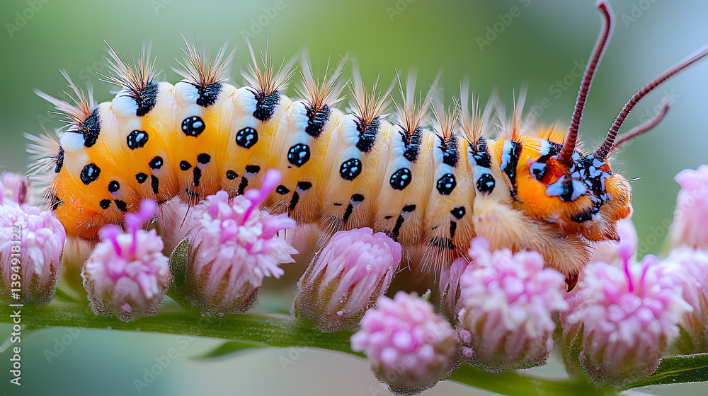 Macro shot of a caterpillar crawling along a flower stem, its vibrant colors and bristly texture sharply detailed against a blurred garden background.