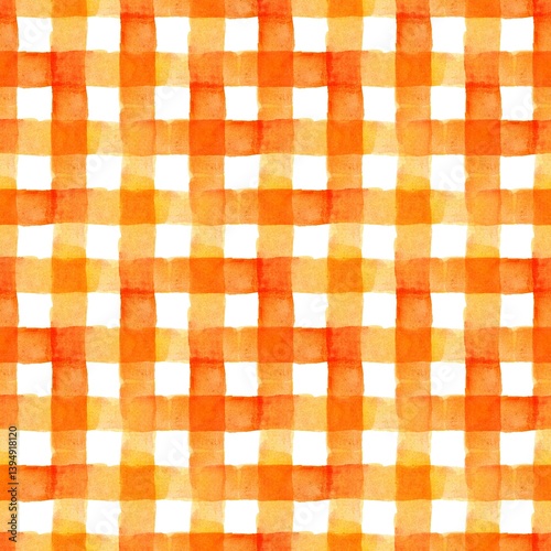 Vibrant orange and white checkered pattern created with watercolor technique for artistic backgrounds or textiles