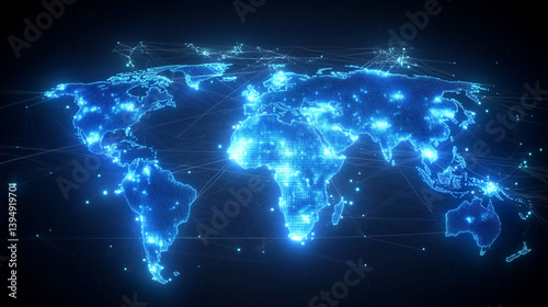 Global Connections on a World Map in Animated Style, Showcasing Digital Networks