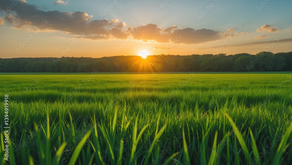 Expanse of green grass with a radiant sunset. Expanse of green grass with a radiant sunset.