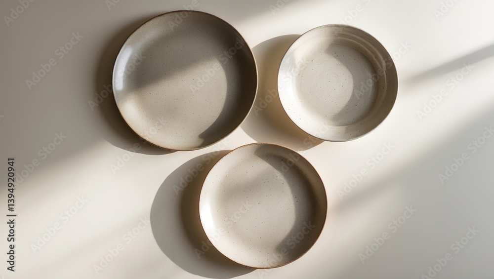 Three plates of varying sizes set against a background. Flat lay perspective. Naturally colored plates. Textured grainy design on the plates. Three plates of varying sizes set against a background. Flat lay perspective. Naturally colored plates. Textured grainy design on the plates.