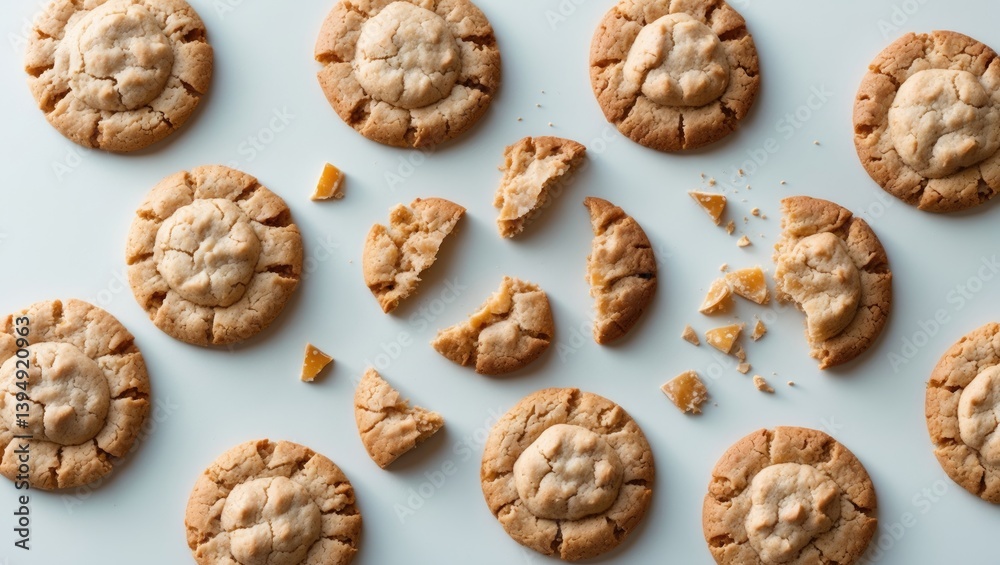 Collection of Isolated Cookies: Entire Oatmeal Cookies and Chopped Pieces on a White Background, Bird's Eye View Collection of Isolated Cookies: Entire Oatmeal Cookies and Chopped Pieces on a White Background, Bird's Eye View
