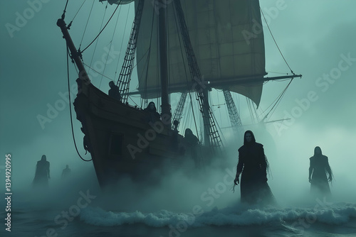 An eerie high resolution stock photo shows the Flying Dutchman ghost ship emerging from the misty ocean with spectral figures on the shore