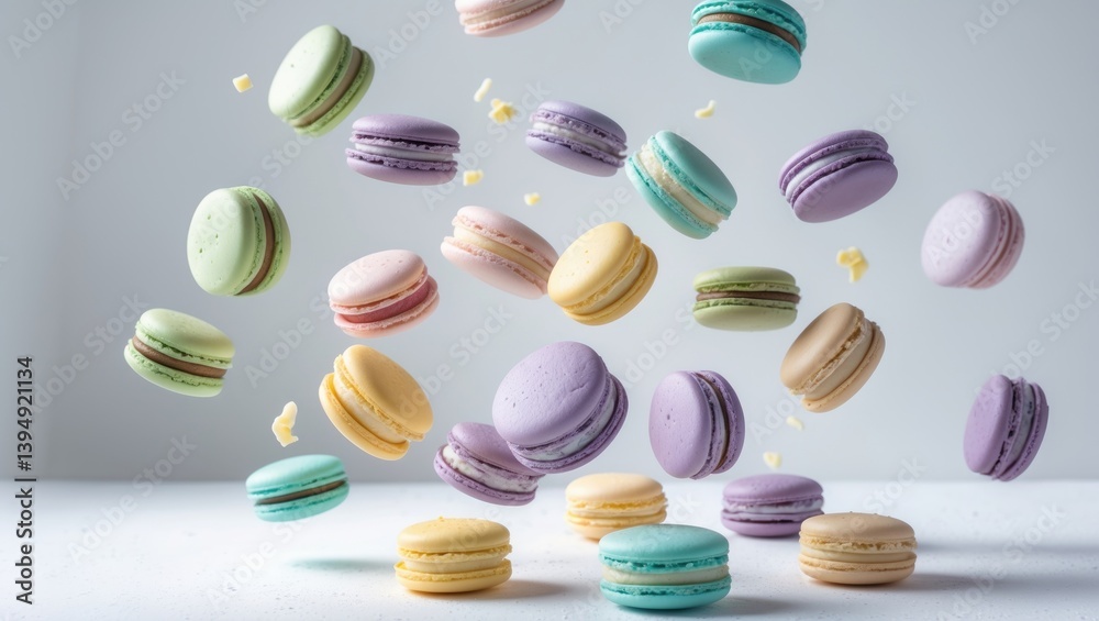 Various kinds of macaroons in motion descending on a white background. A multitude of flavors and colors soaring against an abstract backdrop. Various kinds of macaroons in motion descending on a white background. A multitude of flavors and colors soaring against an abstract backdrop.