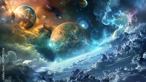 This is an out of this world view of a beautiful alien landscape. There are three planets in the sky, each with their own unique colors and features.
