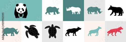 Silhouette icons of endangered species in grid – Great for nature preservation themes, science presentations, or wildlife charity designs
