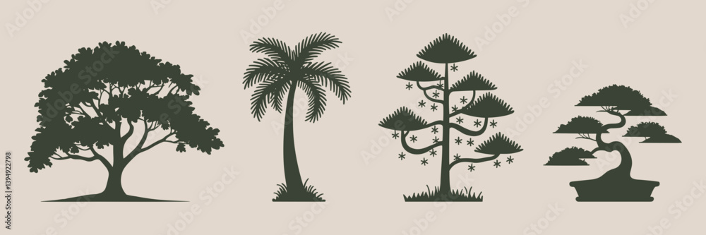 Obraz premium Illustrated tree icon set on beige background – Great for environmental education, tree identification tools, or plant-themed infographics