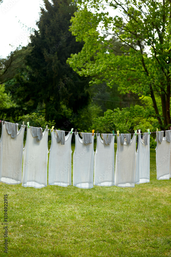 White cloths hanging on a clothesline in a lush green garden. White cloths hanging on a clothesline in a lush green garden.