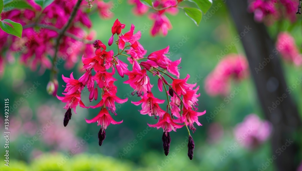 Fototapeta premium Stunning pink blossoms against a green tree backdrop, Hummingbird Fuchsia