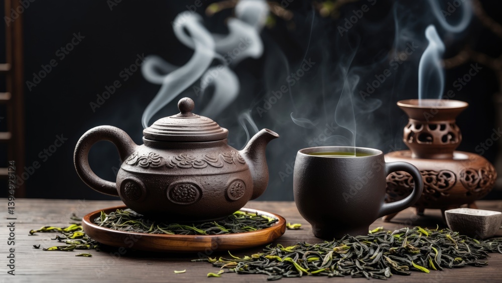 Obraz premium Background of dark Asian tea with a black iron teapot and green tea cup. Design space included. Authentic vintage style. Traditional tea ceremony display