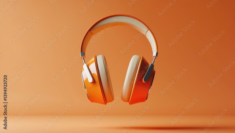 Orange headphones against an orange backdrop. Minimalist design. Mock-up. Music. Floating