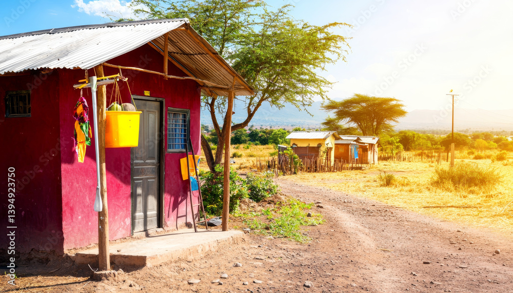 vibrant rural scene featuring small red house with metal roof, surrounded by dry grass and trees. warm sunlight casts golden hue over landscape, creating serene atmosphere vibrant rural scene featuring small red house with metal roof, surrounded by dry grass and trees. warm sunlight casts golden hue over landscape, creating serene atmosphere