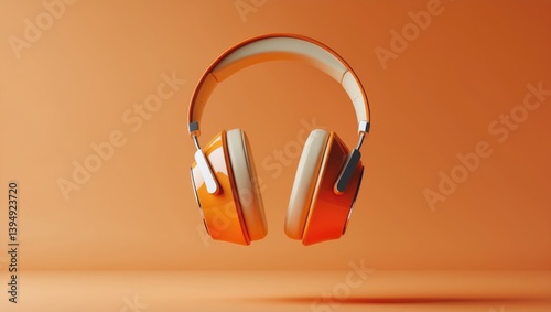 Obraz na płótnie Orange headphones against an orange backdrop. Minimalist design. Mock-up. Music. Floating w salonie