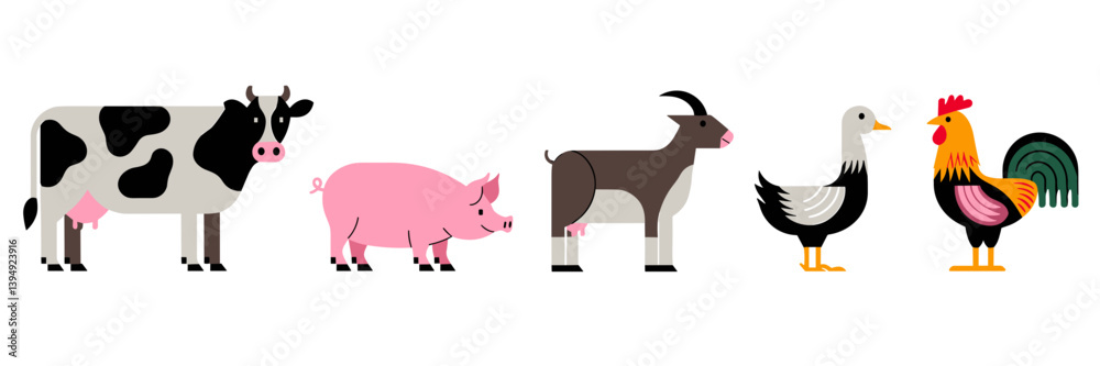 Row of vector farm animal icons on white – Suitable for educational books, food industry branding, or countryside visuals Row of vector farm animal icons on white – Suitable for educational books, food industry branding, or countryside visuals