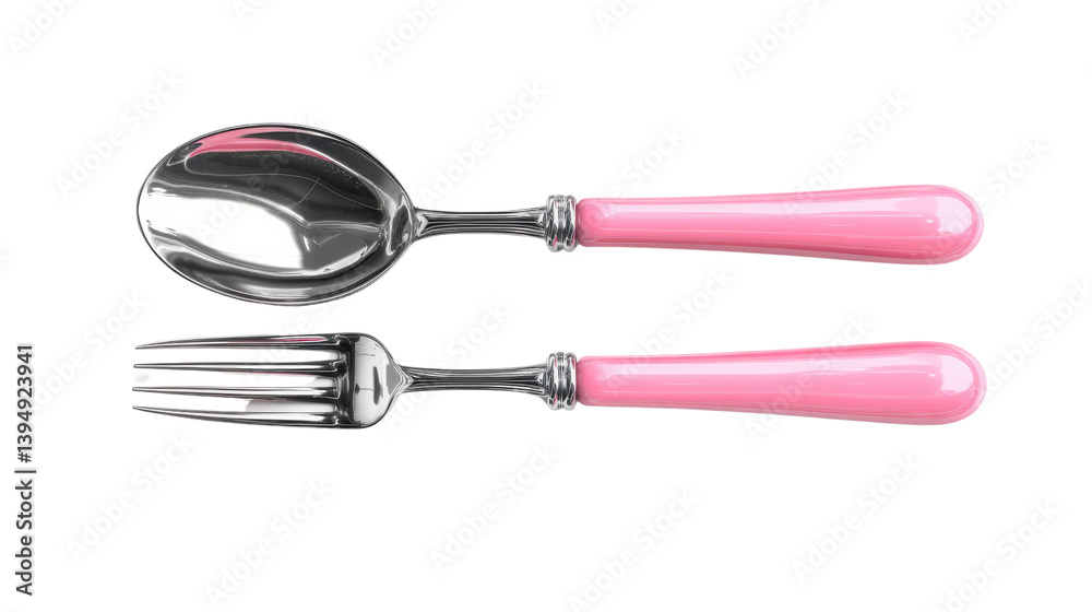 A modern minimalist arrangement of shiny pink handled cutlery including a fork and spoon laid out on a plain uncluttered surface creating a stylish and sophisticated dining setting A modern minimalist arrangement of shiny pink handled cutlery including a fork and spoon laid out on a plain uncluttered surface creating a stylish and sophisticated dining setting